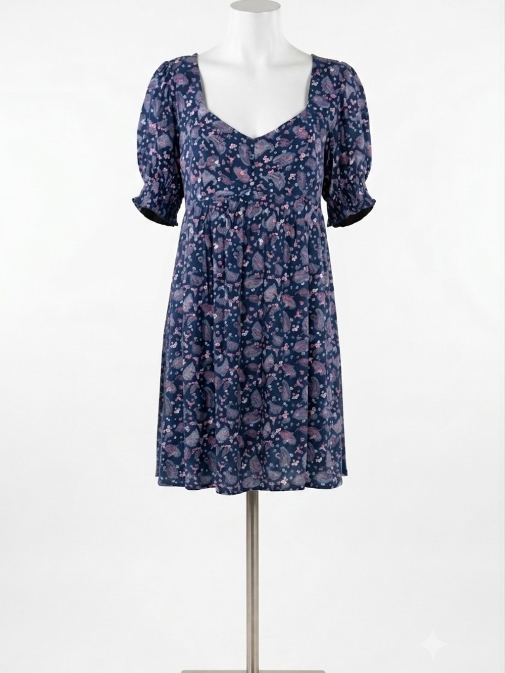 NWOT REWIND Blue Gray Paisley Boho Retro Sweetheart Neck Babydoll Dress XS